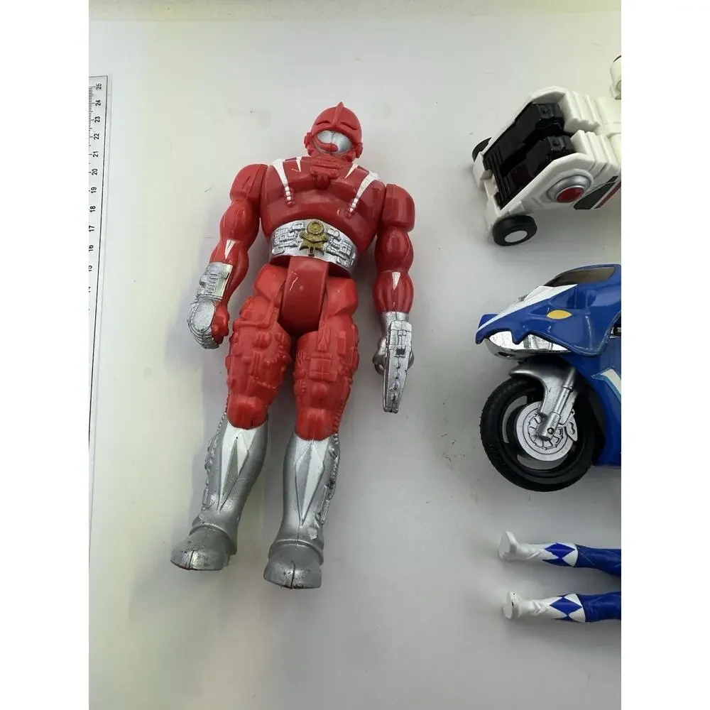 Power Ranger Action Figures Lot Vehicle Blue Red Motorcycle White Lion